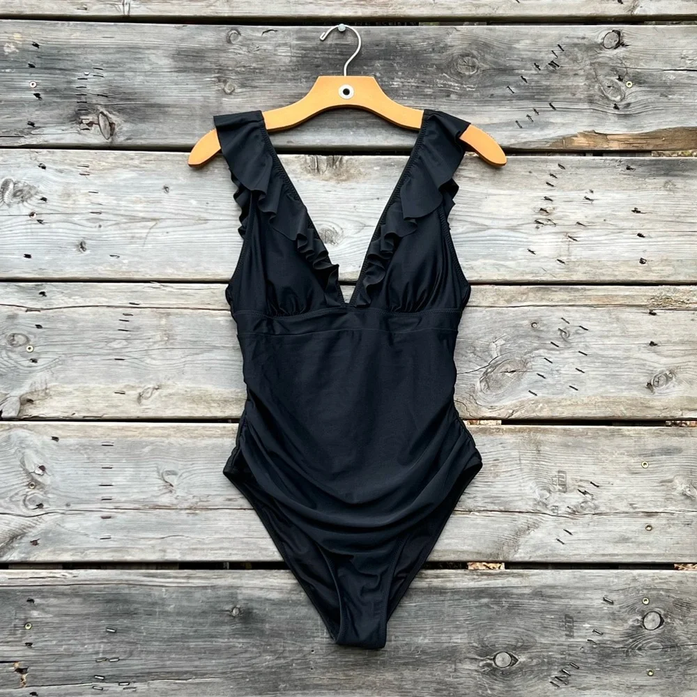M Summer Seaside Ruffle Ruched Plunge Gathered Back One Piece